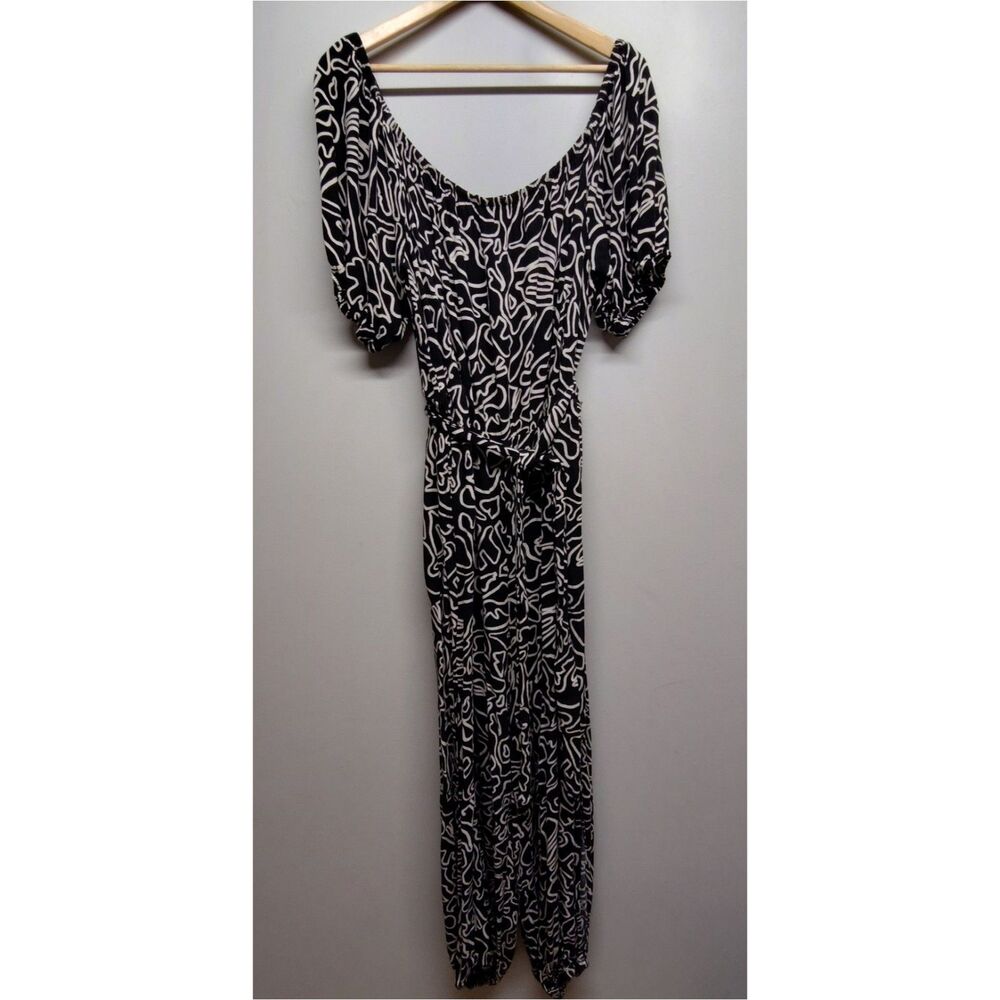 Eloquii Jumpsuit Women 20 Black Tan Abstract Short Sleeve Artsy Casual Party